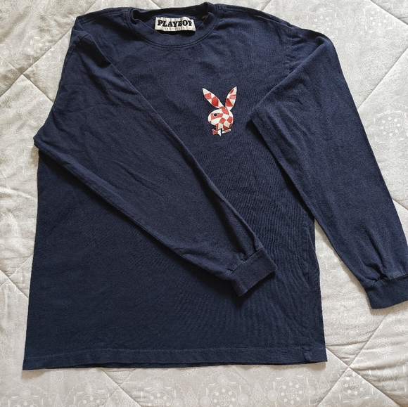 PLAYBOY By‎ PACSUN Navy Blue T- Shirt Long Sleeve Shirt Checkered Logo Size S - Picture 1 of 6
